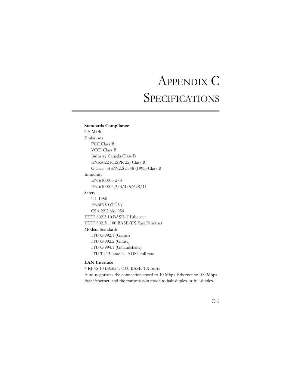 Appendix c specifications, Ppendix, Pecifications | SMC Networks Barricade SMC7404BRA EU User Manual | Page 126 / 130