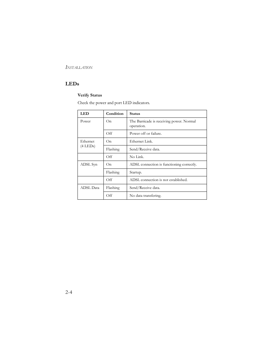 Leds, Verify status, 4 leds | SMC Networks Barricade SMC7404BRA EU User Manual | Page 19 / 130