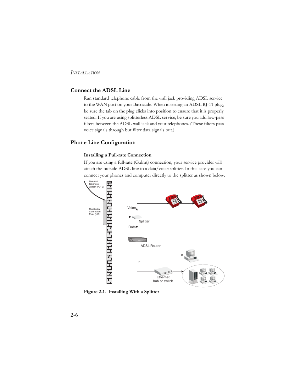 Connect the adsl line, Phone line configuration, Installing a full-rate connection | 6 connect the adsl line | SMC Networks Barricade SMC7404BRA EU User Manual | Page 21 / 130