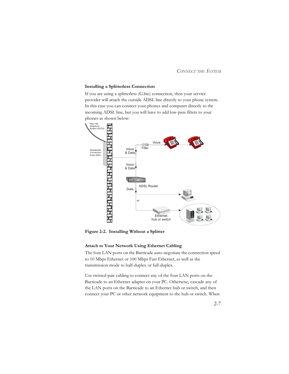 Installing a splitterless connection, Attach to your network using ethernet cabling | SMC Networks Barricade SMC7404BRA EU User Manual | Page 22 / 130