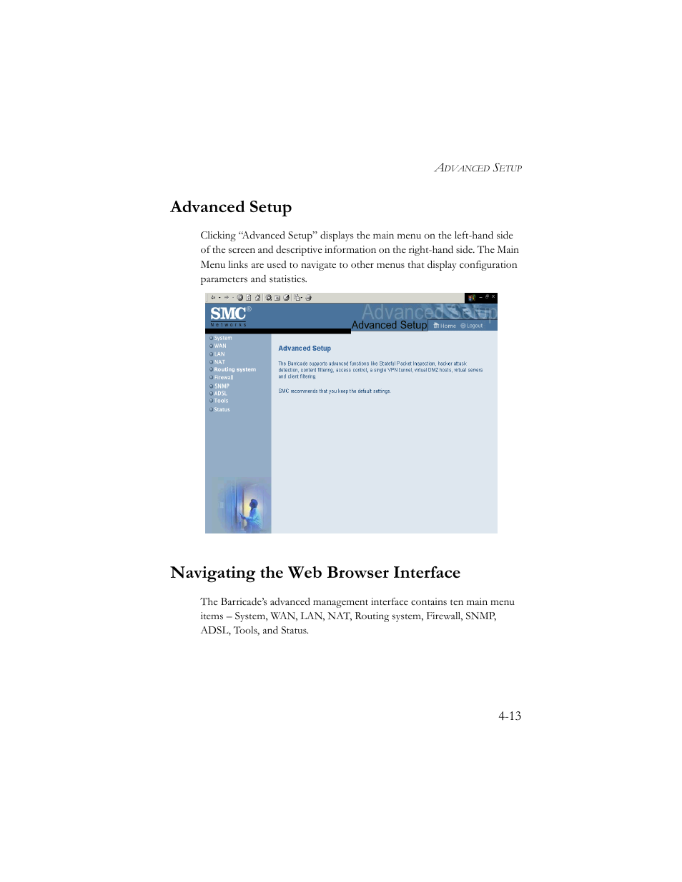 Advanced setup, Navigating the web browser interface | SMC Networks Barricade SMC7404BRA EU User Manual | Page 38 / 130