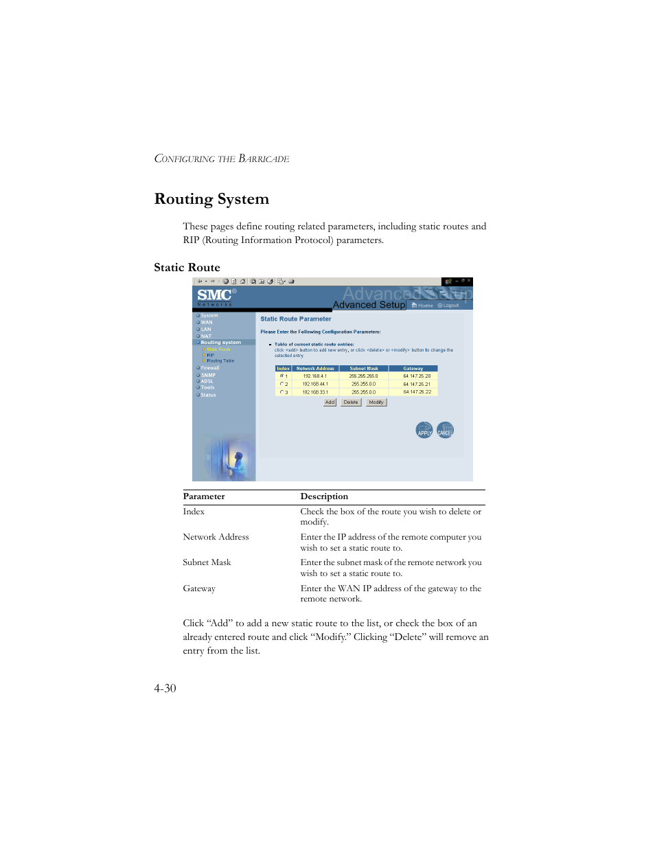 Routing system, Static route | SMC Networks Barricade SMC7404BRA EU User Manual | Page 55 / 130