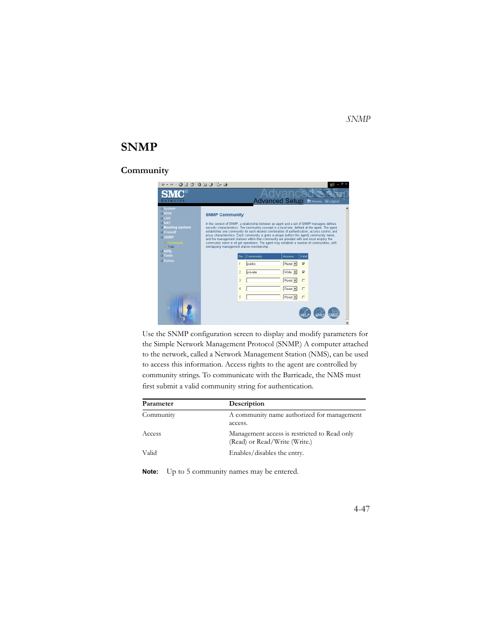 Snmp, Community | SMC Networks Barricade SMC7404BRA EU User Manual | Page 72 / 130