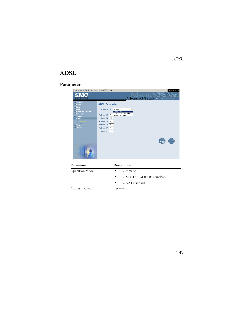 Adsl, Parameters | SMC Networks Barricade SMC7404BRA EU User Manual | Page 74 / 130