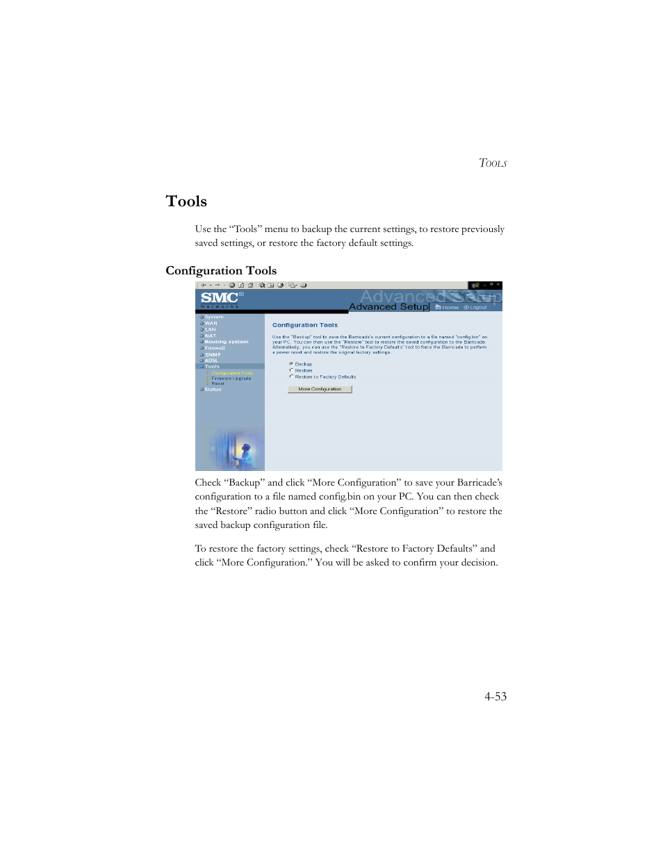 Tools, Configuration tools | SMC Networks Barricade SMC7404BRA EU User Manual | Page 78 / 130