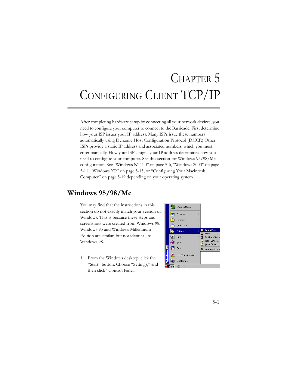 Chapter 5 configuring client tcp/ip, Windows 95/98/me, Tcp/ip | SMC Networks Barricade SMC7404BRA EU User Manual | Page 84 / 130