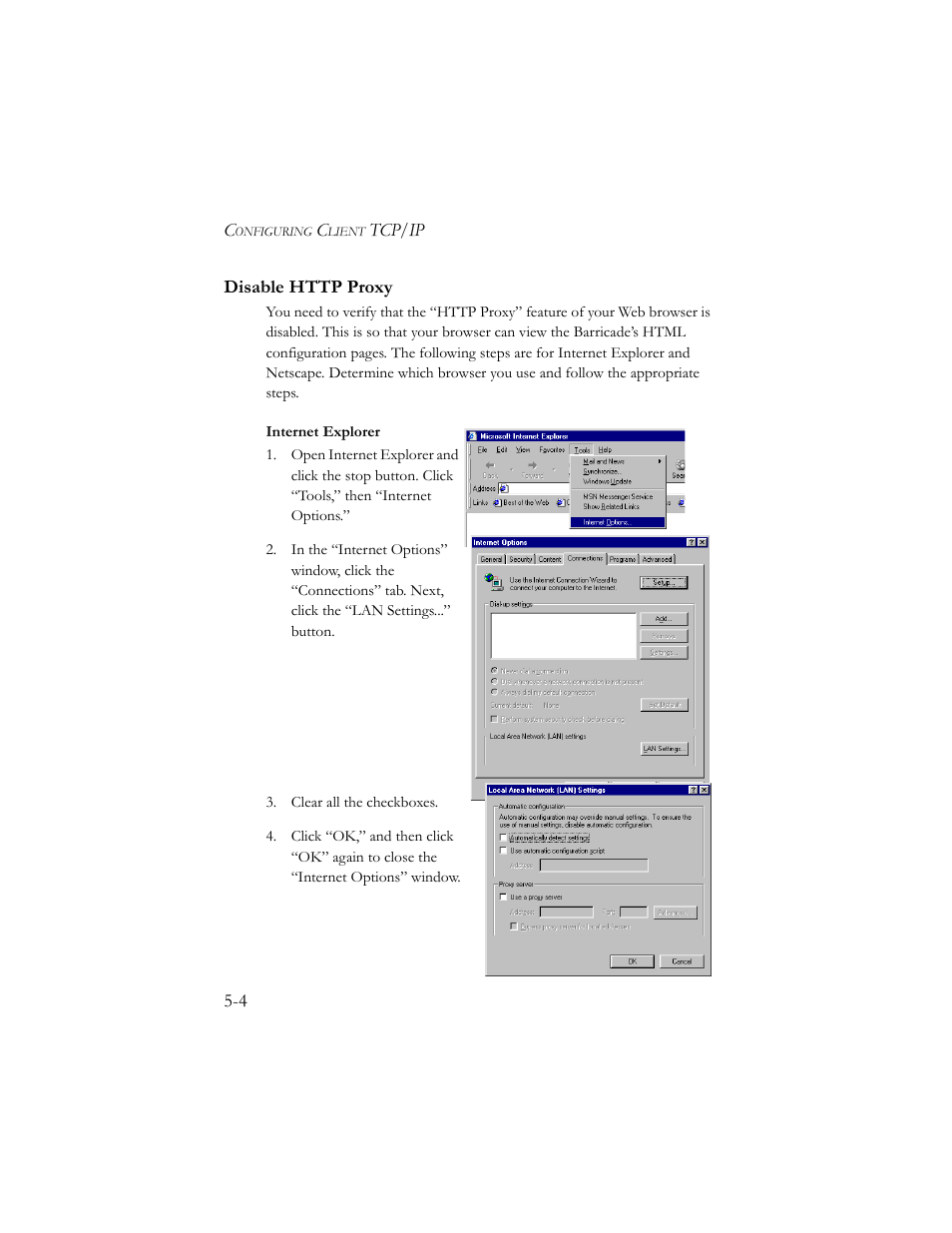 Disable http proxy, Internet explorer | SMC Networks Barricade SMC7404BRA EU User Manual | Page 87 / 130