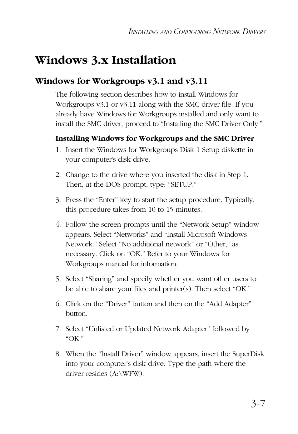 Windows 3.x installation, Windows for workgroups v3.1 and v3.11 | SMC Networks SMC9432BTX User Manual | Page 31 / 76