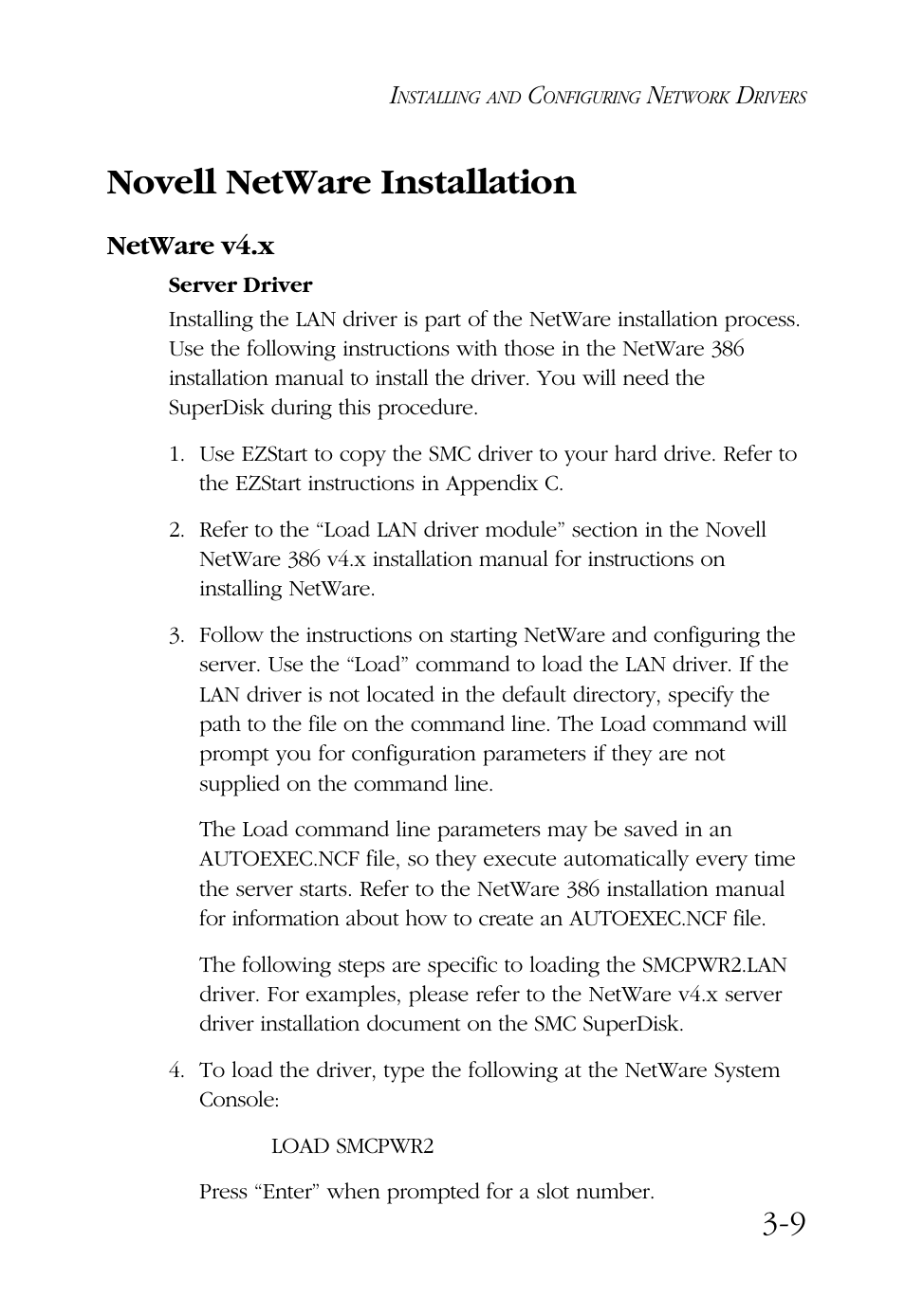 Novell netware installation, Netware v4.x | SMC Networks SMC9432BTX User Manual | Page 33 / 76