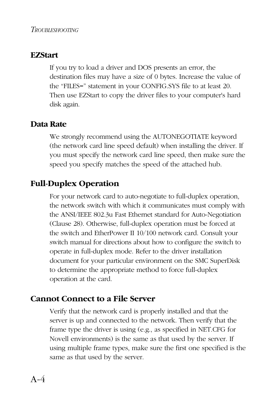 Ezstart, Data rate, Full-duplex operation | Cannot connect to a file server | SMC Networks SMC9432BTX User Manual | Page 52 / 76