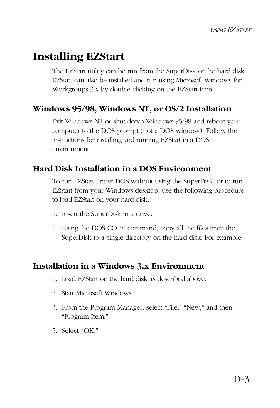 Installing ezstart, Windows 95/98, windows nt, or os/2 installation, Hard disk installation in a dos environment | Installation in a windows 3.x environment | SMC Networks SMC9432BTX User Manual | Page 67 / 76