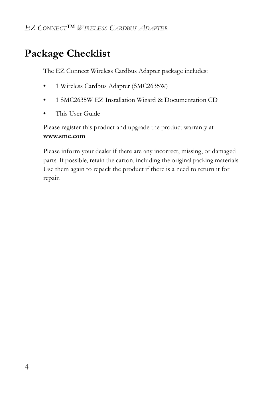 Package checklist, Ez c | SMC Networks SMC2635W User Manual | Page 14 / 42