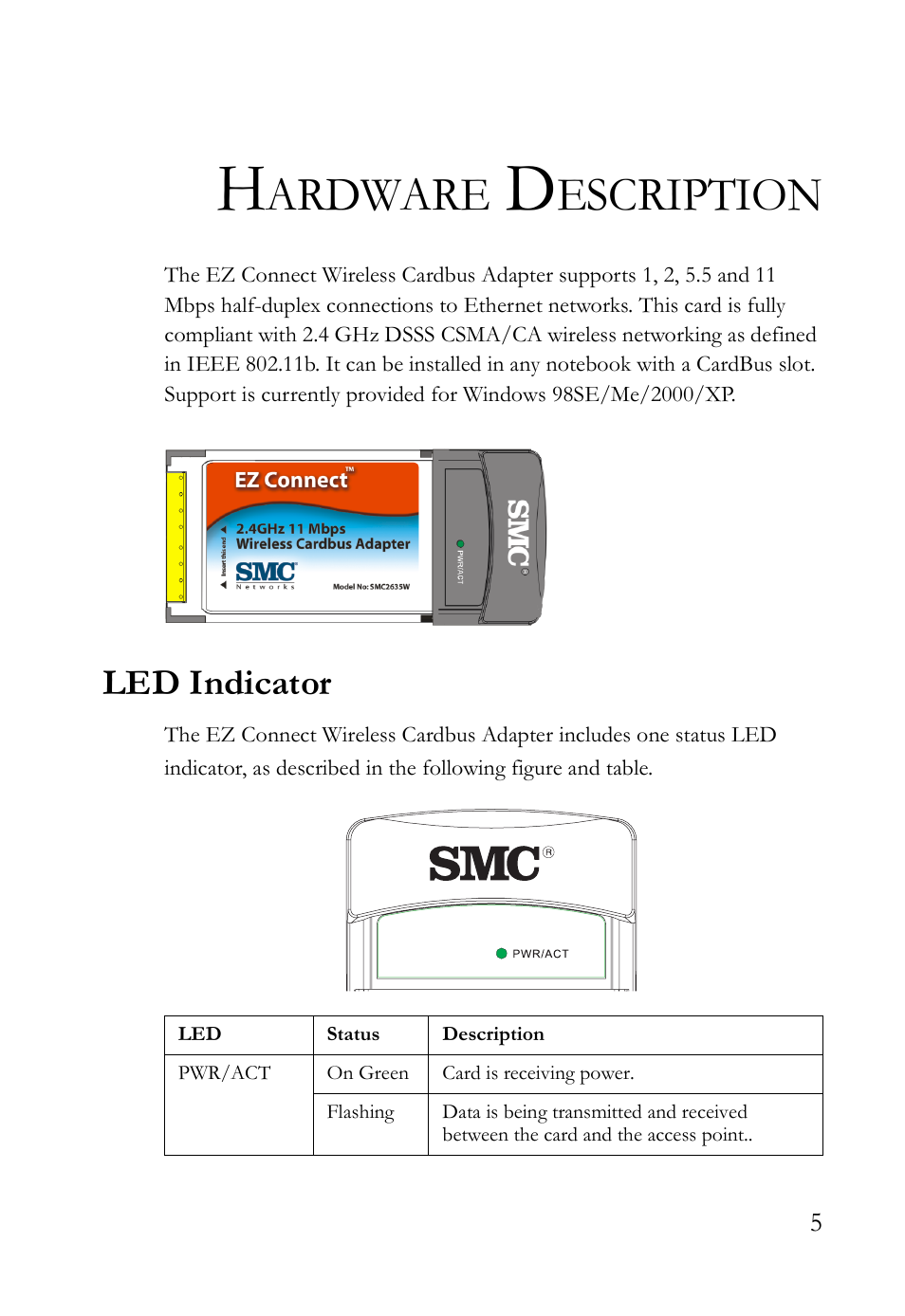 Hardware description, Led indicator, Ardware | Escription | SMC Networks SMC2635W User Manual | Page 15 / 42