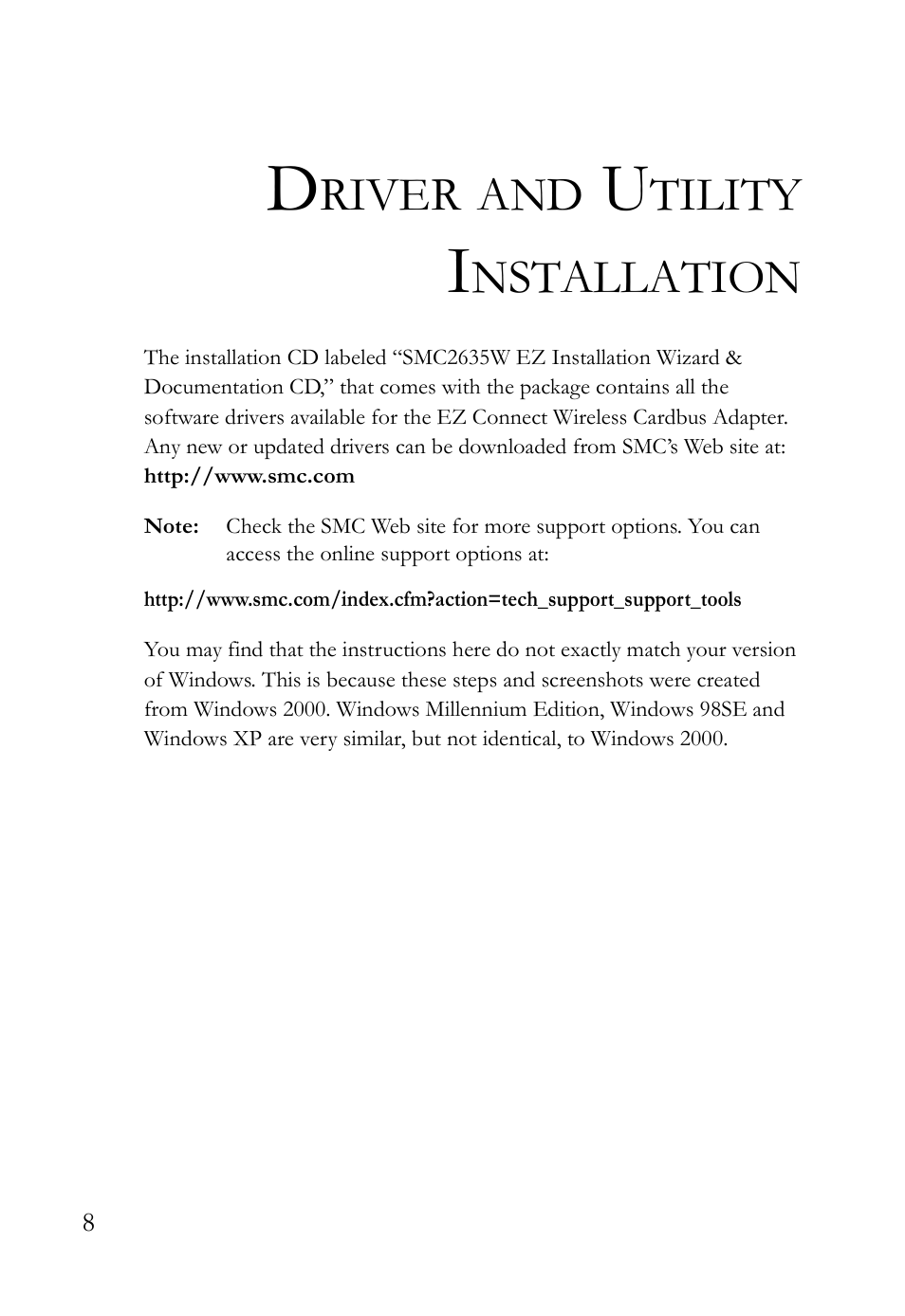 Driver and utility installation, Driver installation, River | Tility, Nstallation | SMC Networks SMC2635W User Manual | Page 18 / 42