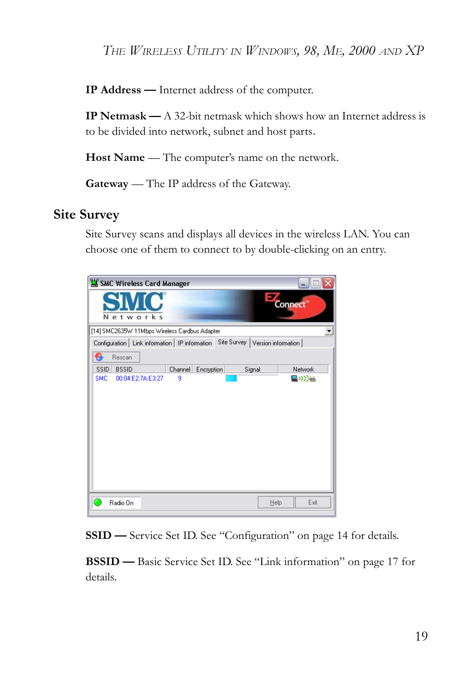 Site survey, 98, m, Xp 19 | SMC Networks SMC2635W User Manual | Page 29 / 42