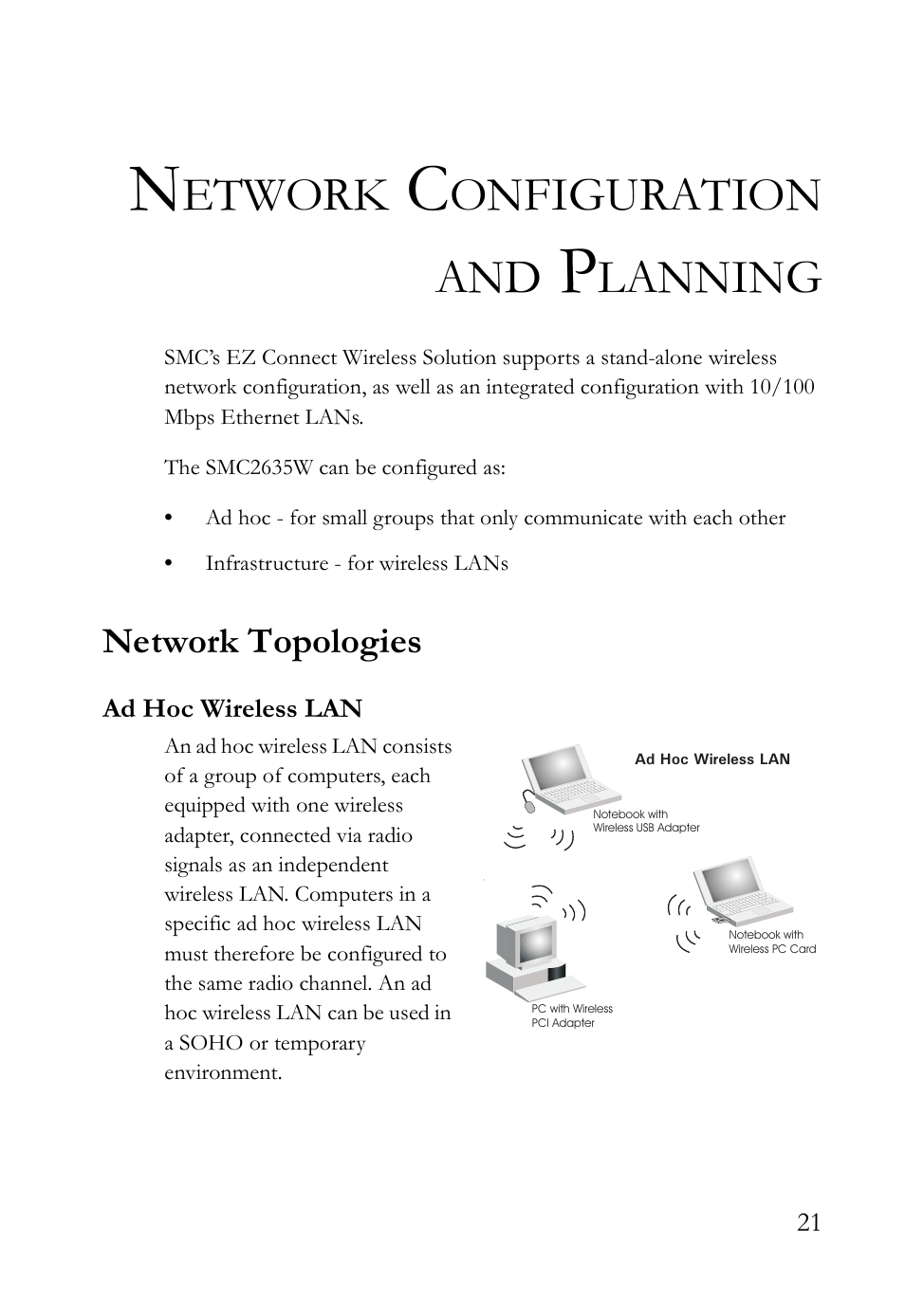 Network configuration and planning, Network topologies, Ad hoc wireless lan | Etwork, Onfiguration and, Lanning | SMC Networks SMC2635W User Manual | Page 31 / 42