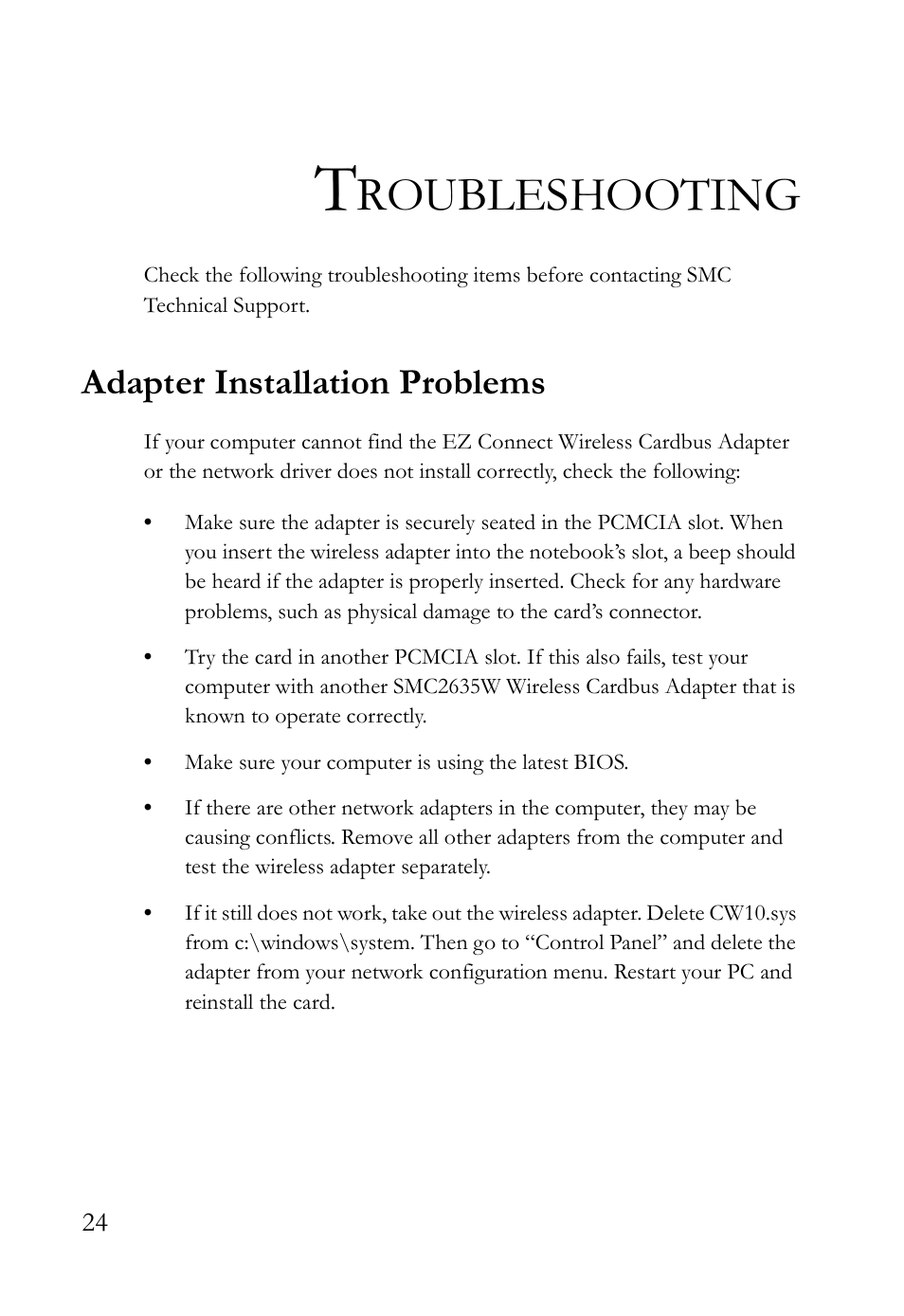 Troubleshooting, Adapter installation problems, Roubleshooting | SMC Networks SMC2635W User Manual | Page 34 / 42