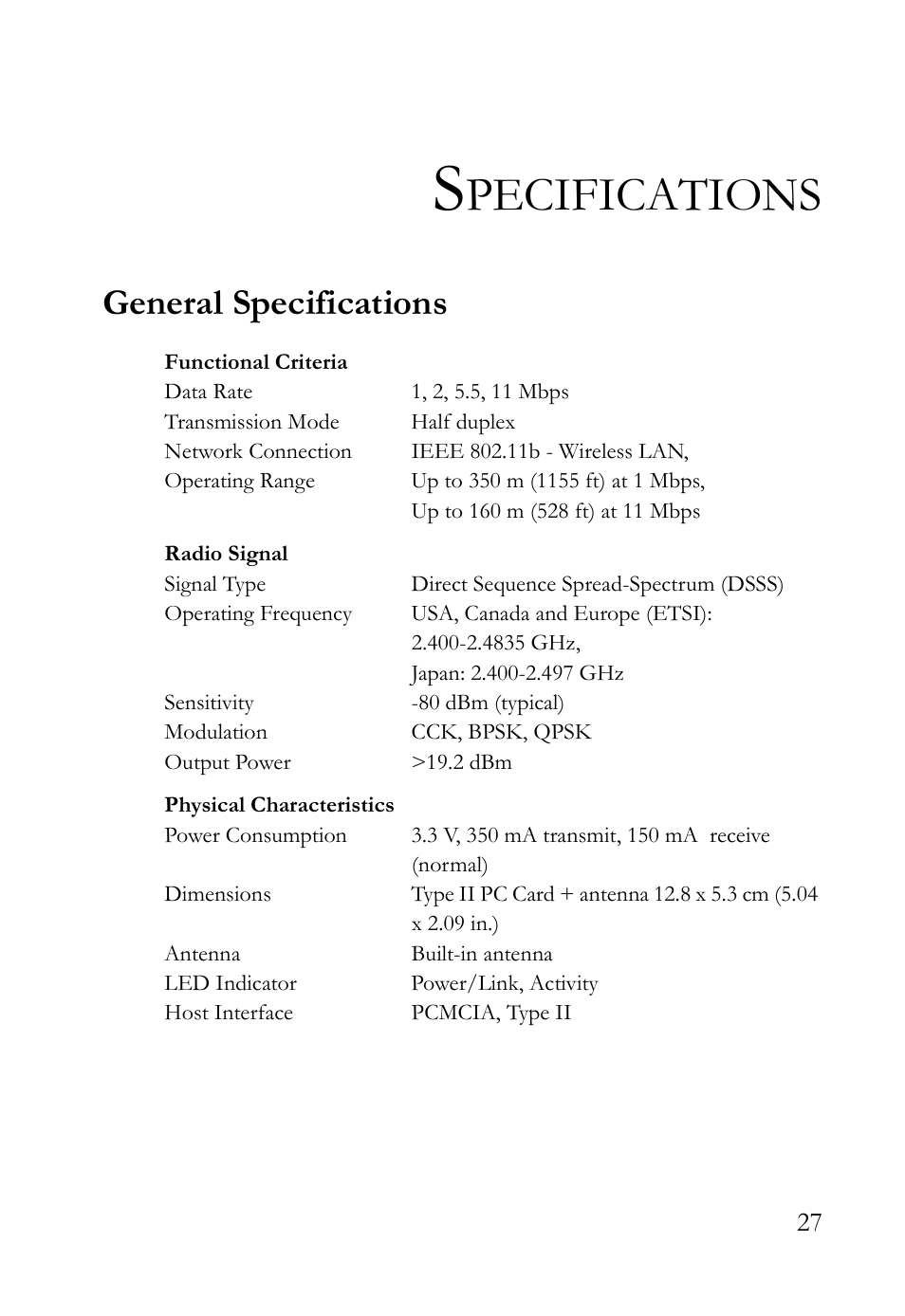 Specifications, General specifications, Pecifications | SMC Networks SMC2635W User Manual | Page 37 / 42