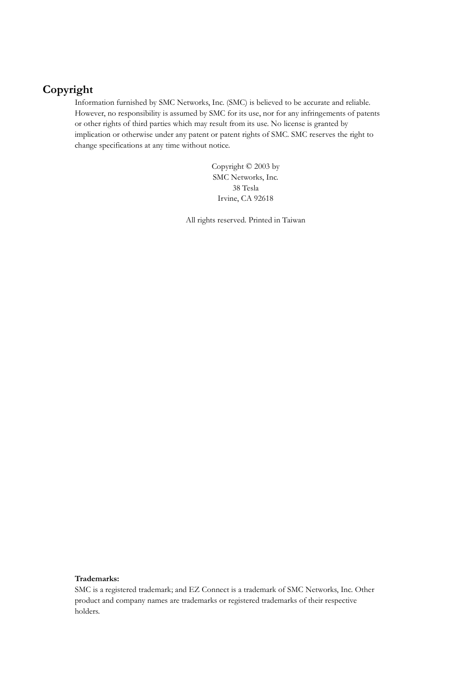 Copyright | SMC Networks SMC2635W User Manual | Page 4 / 42