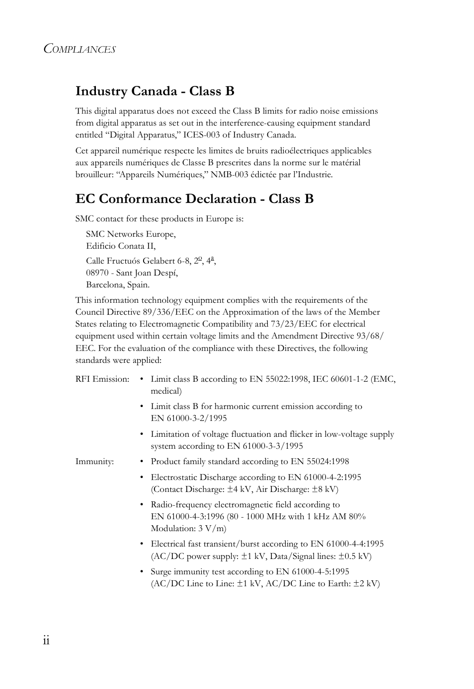 Ii industry canada - class b, Ec conformance declaration - class b | SMC Networks SMC2635W User Manual | Page 6 / 42