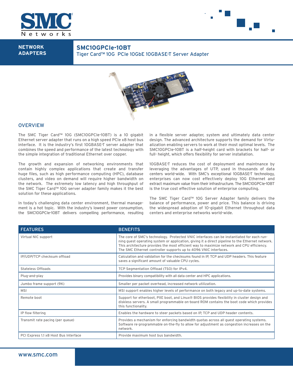 SMC Networks SMC10GPCIe-10BT User Manual | 2 pages