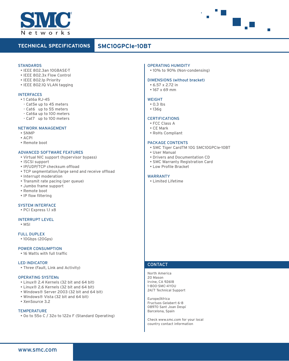 Smc10gpcie-10bt | SMC Networks SMC10GPCIe-10BT User Manual | Page 2 / 2