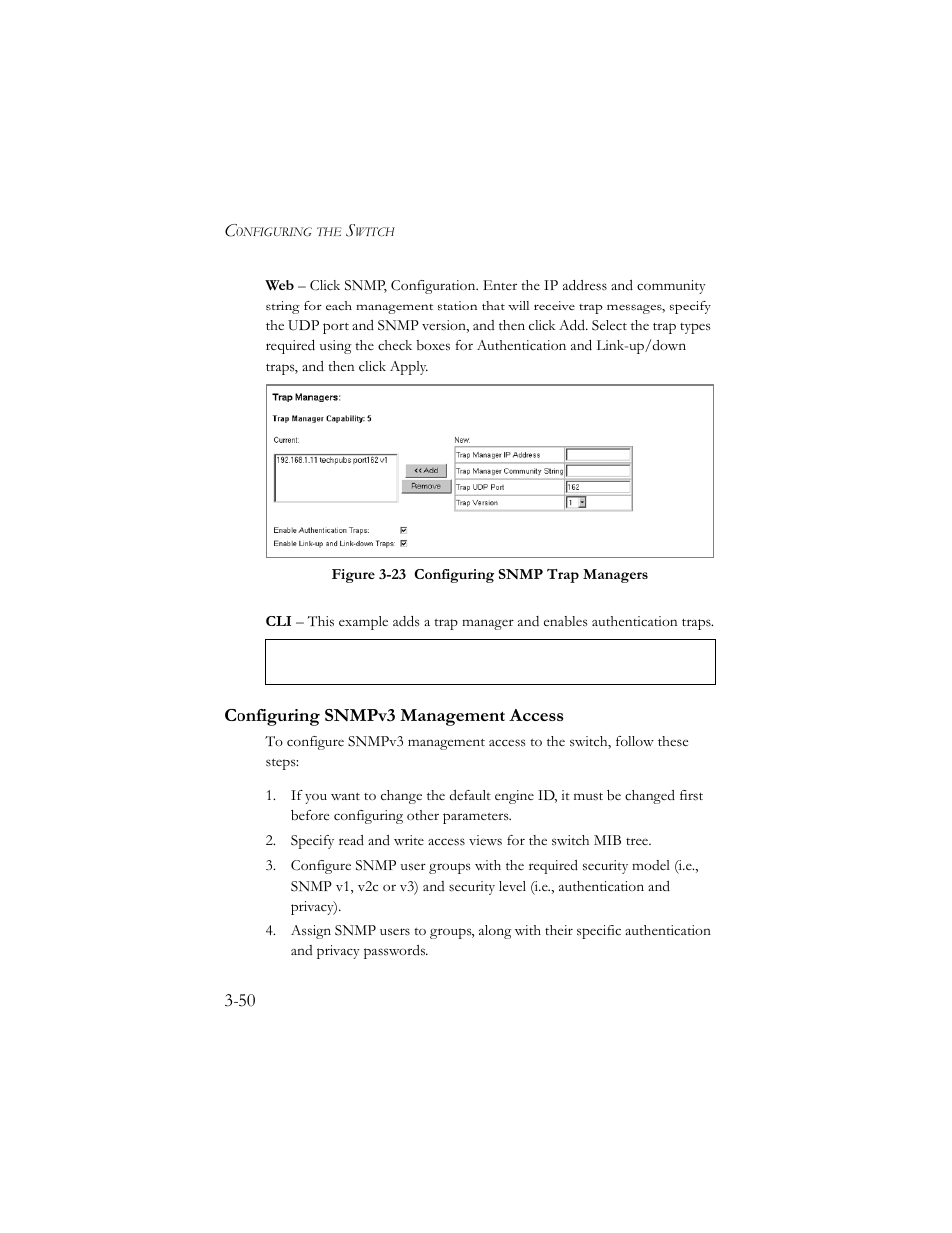 Configuring snmpv3 management access, Configuring snmpv3 management access -50, Figure 3-23 configuring snmp trap managers -50 | SMC Networks SMC TigerStack III SMC6824MPE User Manual | Page 100 / 570