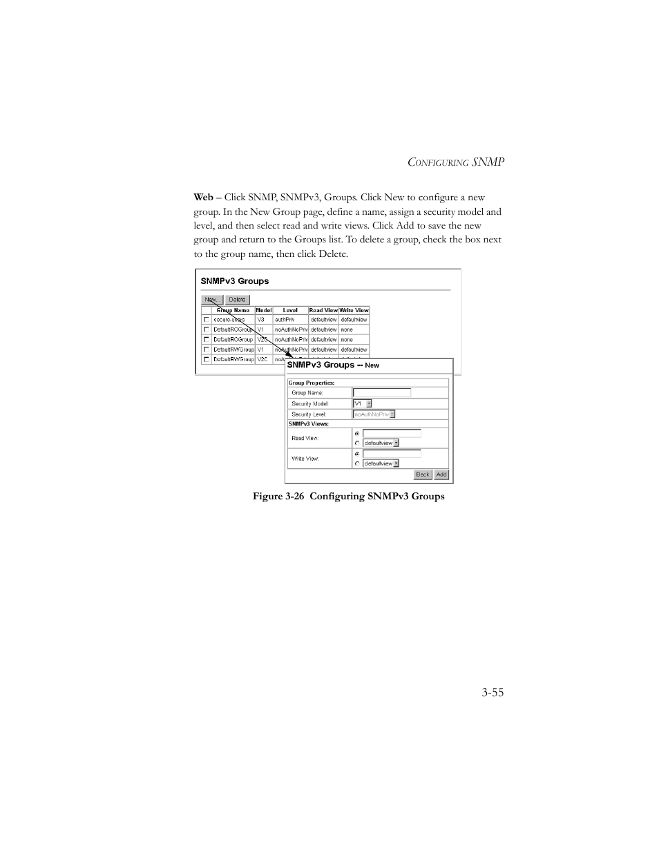 Figure 3-26 configuring snmpv3 groups -55 | SMC Networks SMC TigerStack III SMC6824MPE User Manual | Page 105 / 570