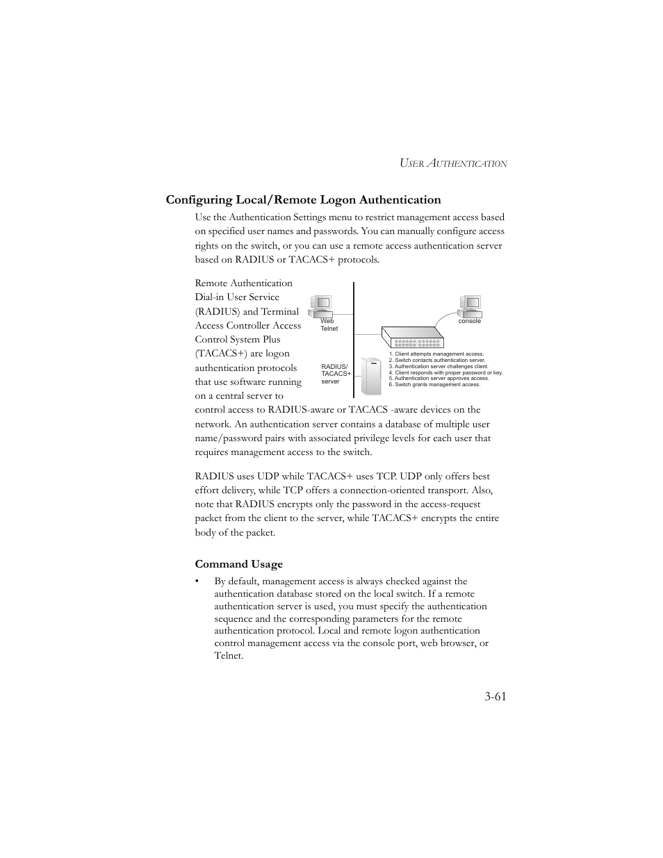 Configuring local/remote logon authentication, Configuring local/remote logon authentication -61, 61 configuring local/remote logon authentication | SMC Networks SMC TigerStack III SMC6824MPE User Manual | Page 111 / 570