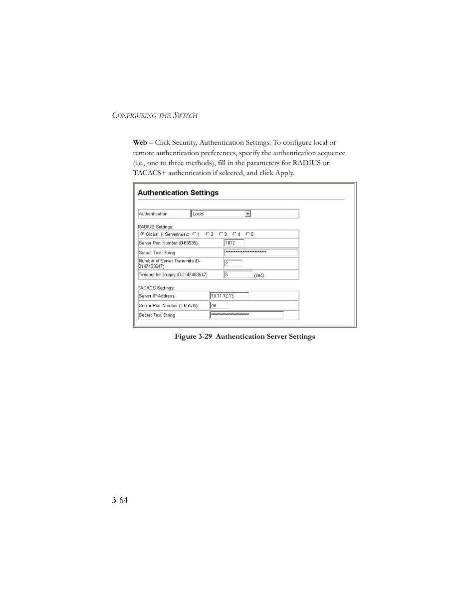 Figure 3-29 authentication server settings -64 | SMC Networks SMC TigerStack III SMC6824MPE User Manual | Page 114 / 570