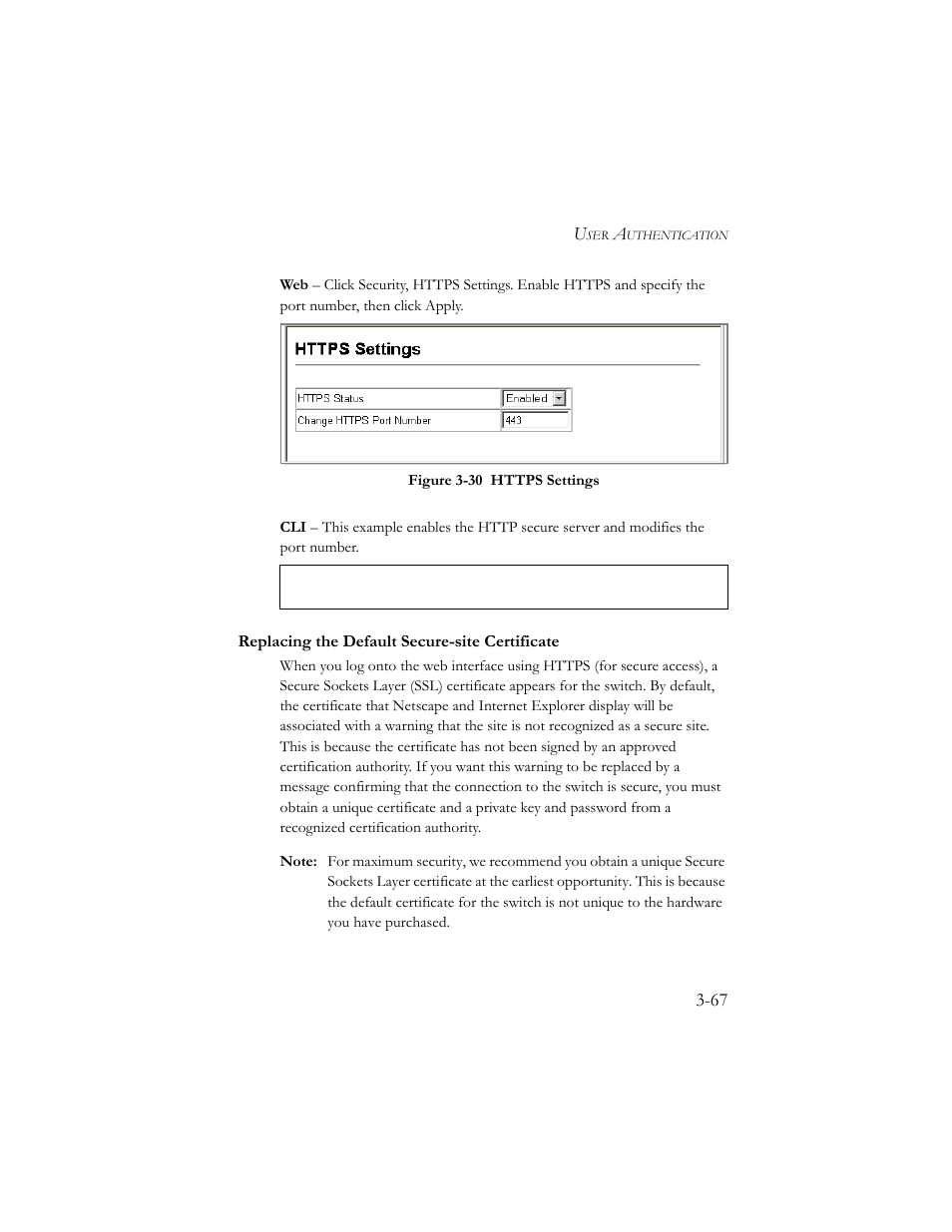 Replacing the default secure-site certificate, Replacing the default secure-site certificate -67, Figure 3-30 https settings -67 | SMC Networks SMC TigerStack III SMC6824MPE User Manual | Page 117 / 570