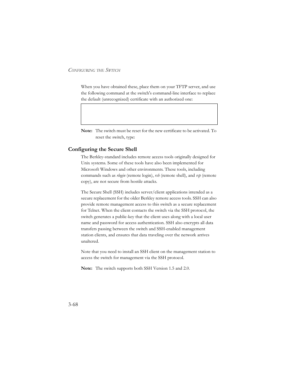 Configuring the secure shell, Configuring the secure shell -68, H 3-68 | SMC Networks SMC TigerStack III SMC6824MPE User Manual | Page 118 / 570