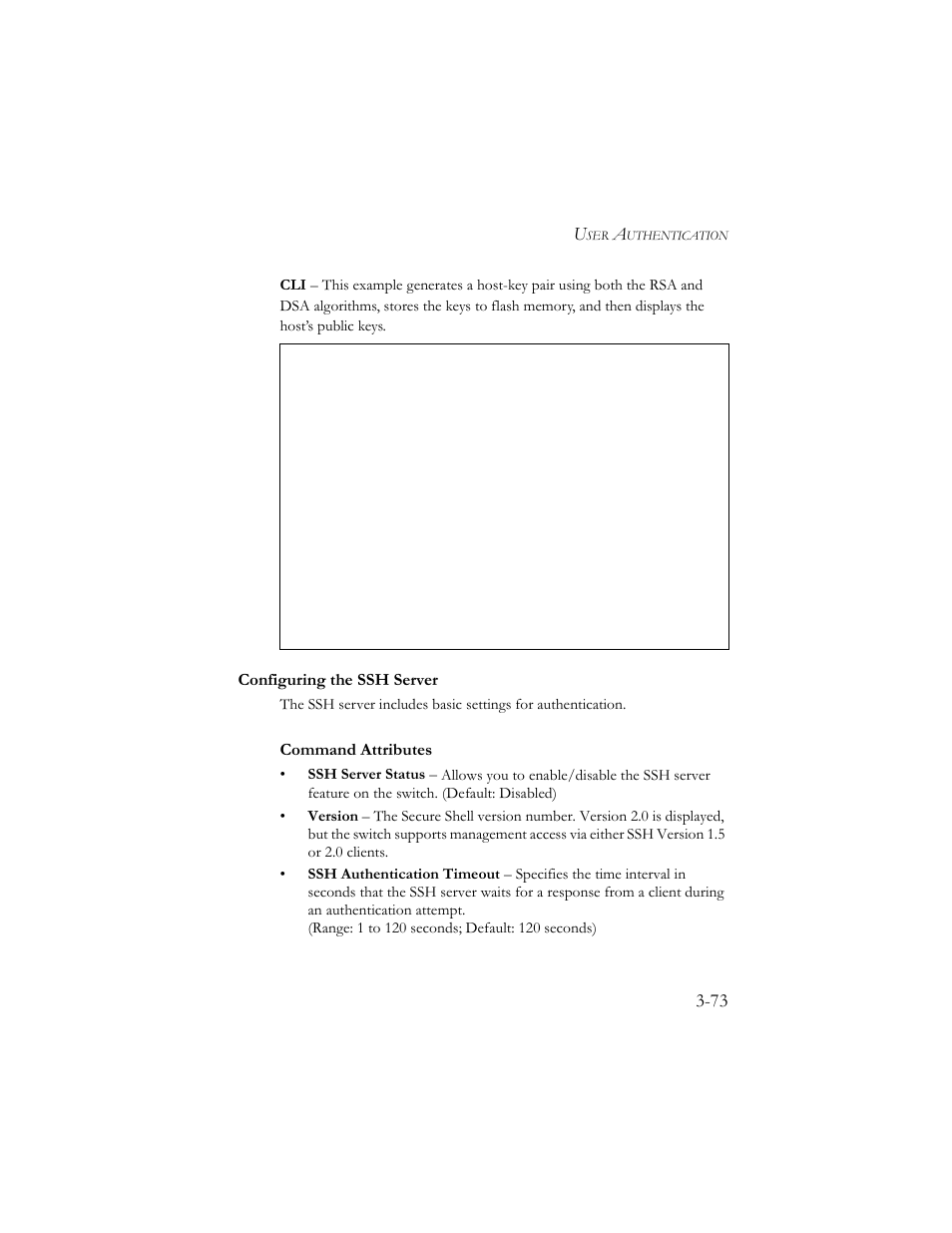 Configuring the ssh server, Configuring the ssh server -73, Command attributes | SMC Networks SMC TigerStack III SMC6824MPE User Manual | Page 123 / 570