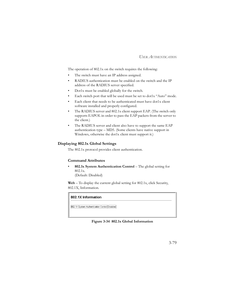 Displaying 802.1x global settings, Displaying 802.1x global settings -79, Figure 3-34 802.1x global information -79 | SMC Networks SMC TigerStack III SMC6824MPE User Manual | Page 129 / 570