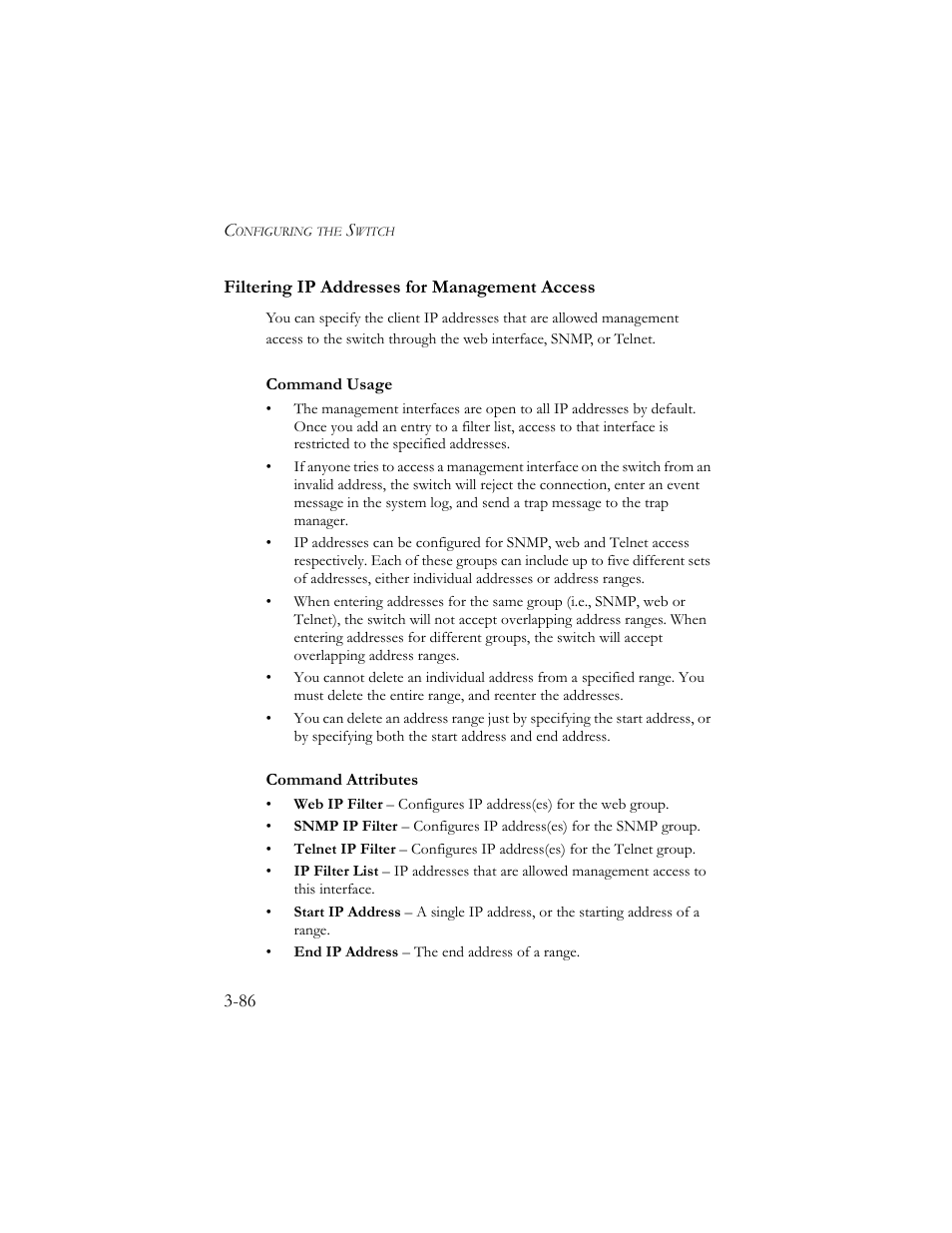 Filtering ip addresses for management access, Filtering ip addresses for management access -86 | SMC Networks SMC TigerStack III SMC6824MPE User Manual | Page 136 / 570