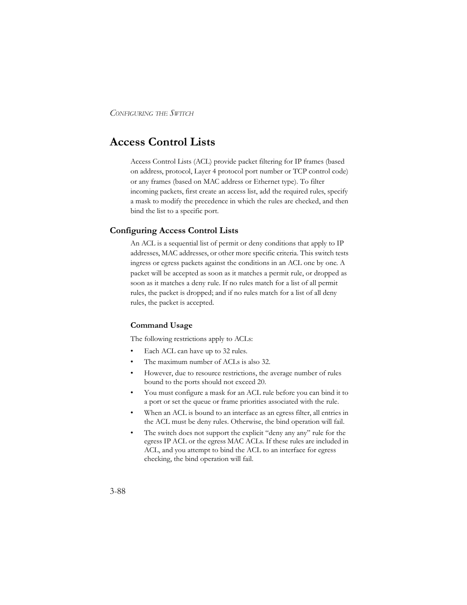 Access control lists, Configuring access control lists, Access control lists -88 | Configuring access control lists -88 | SMC Networks SMC TigerStack III SMC6824MPE User Manual | Page 138 / 570