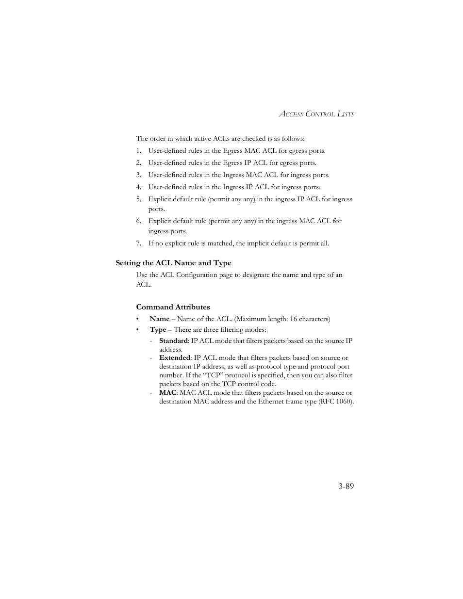 Setting the acl name and type, Setting the acl name and type -89 | SMC Networks SMC TigerStack III SMC6824MPE User Manual | Page 139 / 570