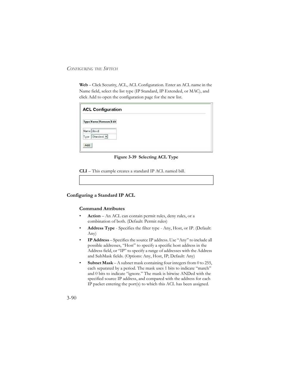 Configuring a standard ip acl, Configuring a standard ip acl -90, Figure 3-39 selecting acl type -90 | SMC Networks SMC TigerStack III SMC6824MPE User Manual | Page 140 / 570