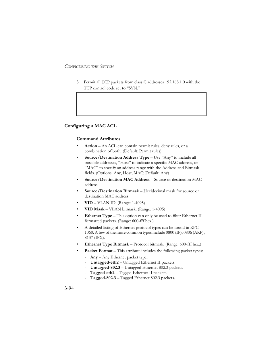 Configuring a mac acl, Configuring a mac acl -94 | SMC Networks SMC TigerStack III SMC6824MPE User Manual | Page 144 / 570