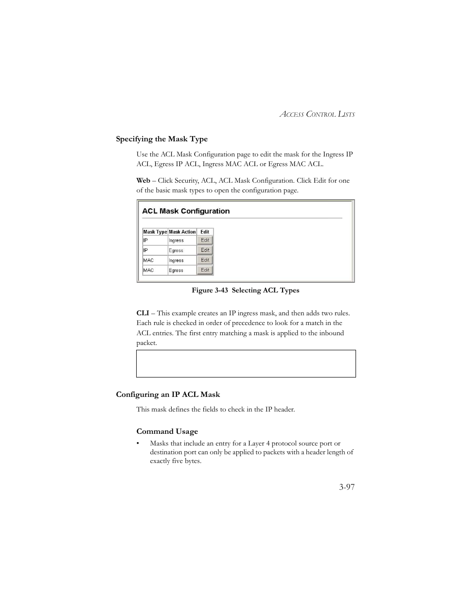 Specifying the mask type, Configuring an ip acl mask, Figure 3-43 selecting acl types -97 | SMC Networks SMC TigerStack III SMC6824MPE User Manual | Page 147 / 570