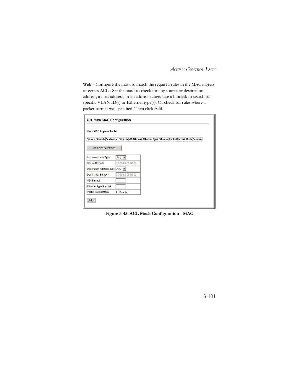 Figure 3-45 acl mask configuration - mac -101 | SMC Networks SMC TigerStack III SMC6824MPE User Manual | Page 151 / 570