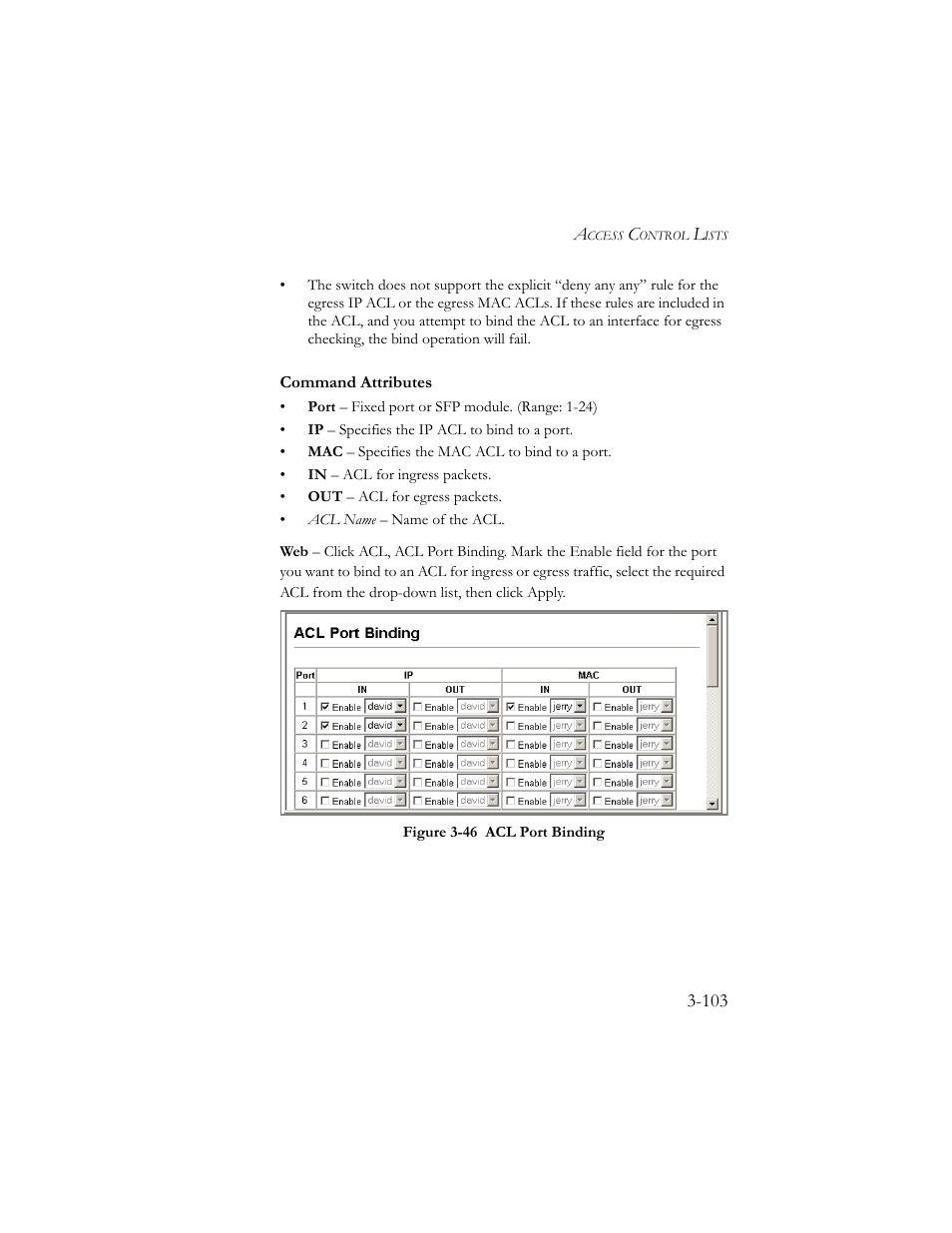 Figure 3-46 acl port binding -103 | SMC Networks SMC TigerStack III SMC6824MPE User Manual | Page 153 / 570