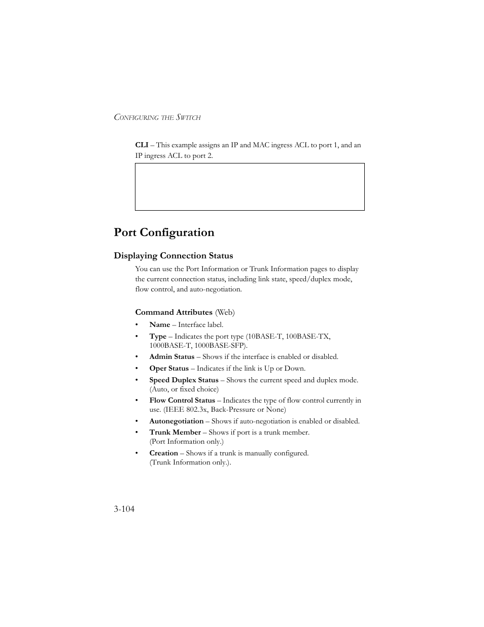 Port configuration, Displaying connection status, Port configuration -104 | Displaying connection status -104 | SMC Networks SMC TigerStack III SMC6824MPE User Manual | Page 154 / 570