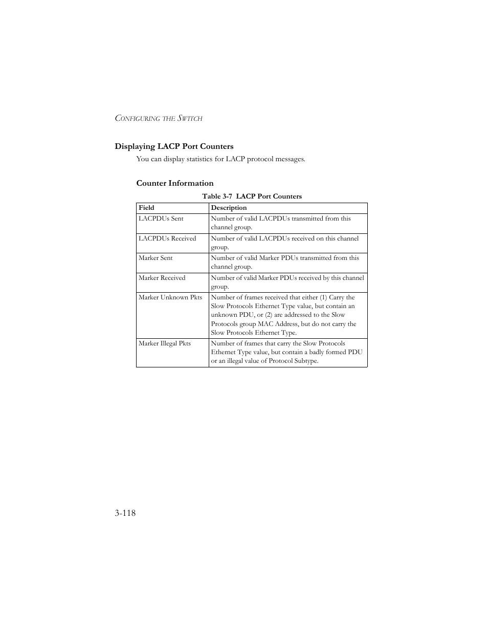 Displaying lacp port counters, Displaying lacp port counters -118, Table 3-7 lacp port counters -118 | SMC Networks SMC TigerStack III SMC6824MPE User Manual | Page 168 / 570