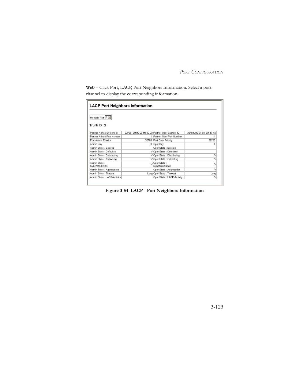 Figure 3-55 lacp - port neighbors information -123 | SMC Networks SMC TigerStack III SMC6824MPE User Manual | Page 173 / 570