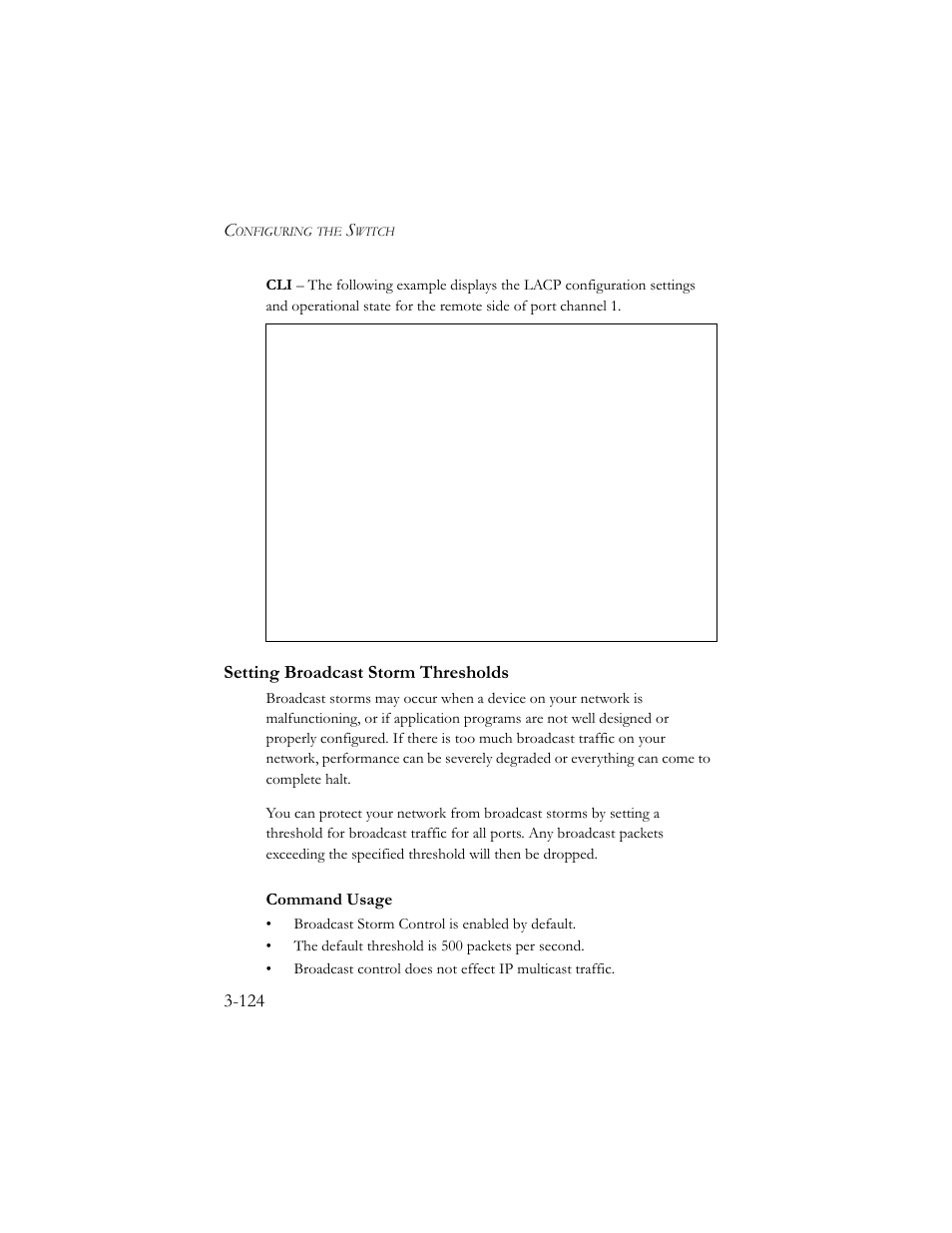 Setting broadcast storm thresholds, Setting broadcast storm thresholds -124, Command usage | SMC Networks SMC TigerStack III SMC6824MPE User Manual | Page 174 / 570