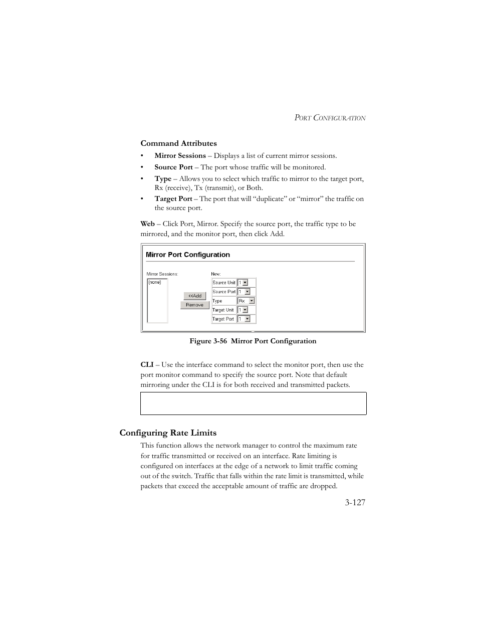 Configuring rate limits, Configuring rate limits -127, Figure 3-57 mirror port configuration -127 | SMC Networks SMC TigerStack III SMC6824MPE User Manual | Page 177 / 570