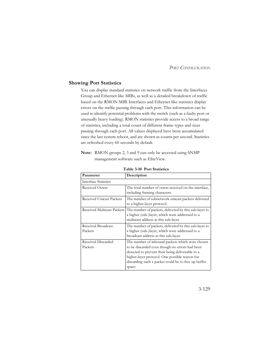 Showing port statistics, Showing port statistics -129, Table 3-10 port statistics -129 | SMC Networks SMC TigerStack III SMC6824MPE User Manual | Page 179 / 570