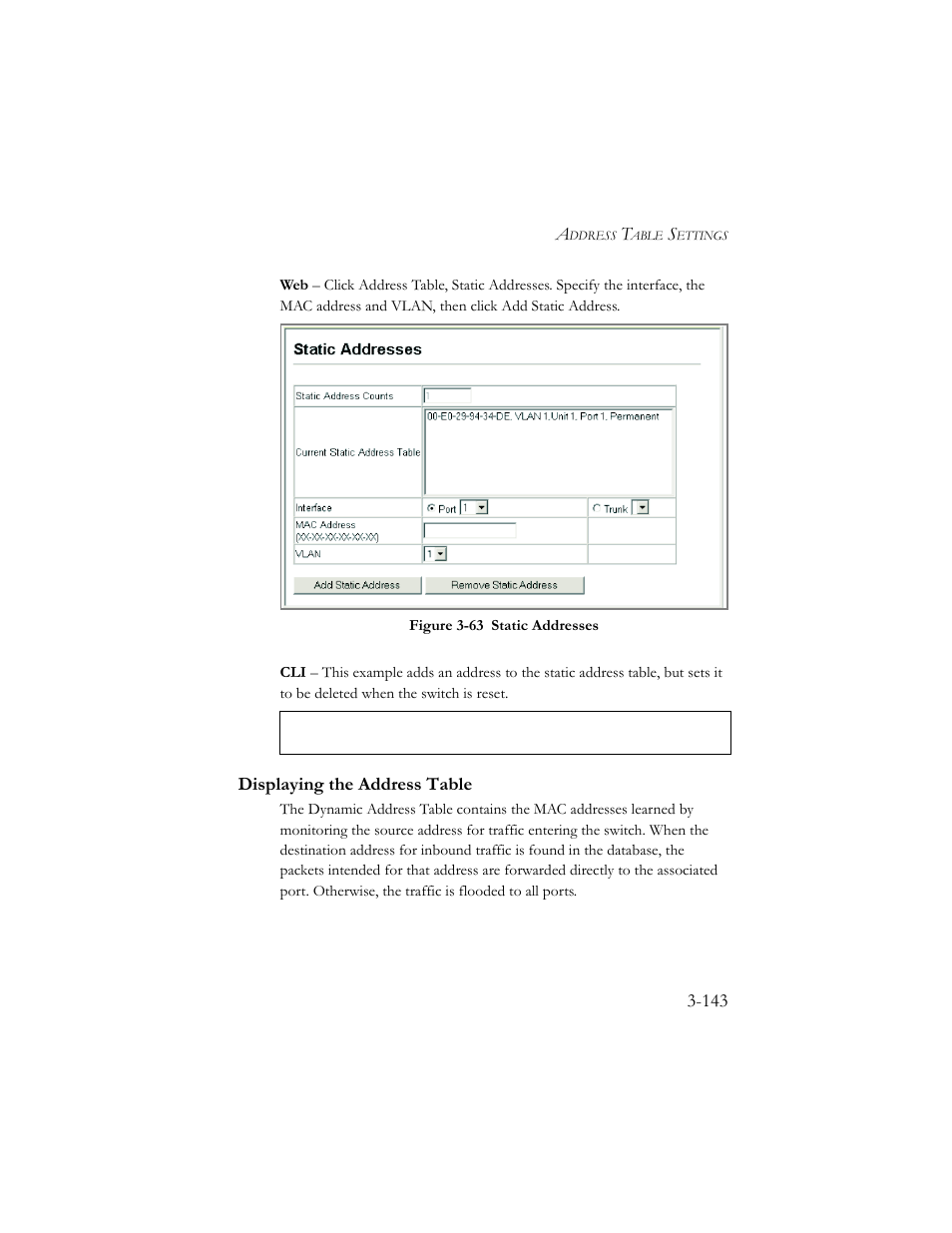 Displaying the address table, Displaying the address table -143, Figure 3-64 static addresses -143 | SMC Networks SMC TigerStack III SMC6824MPE User Manual | Page 193 / 570