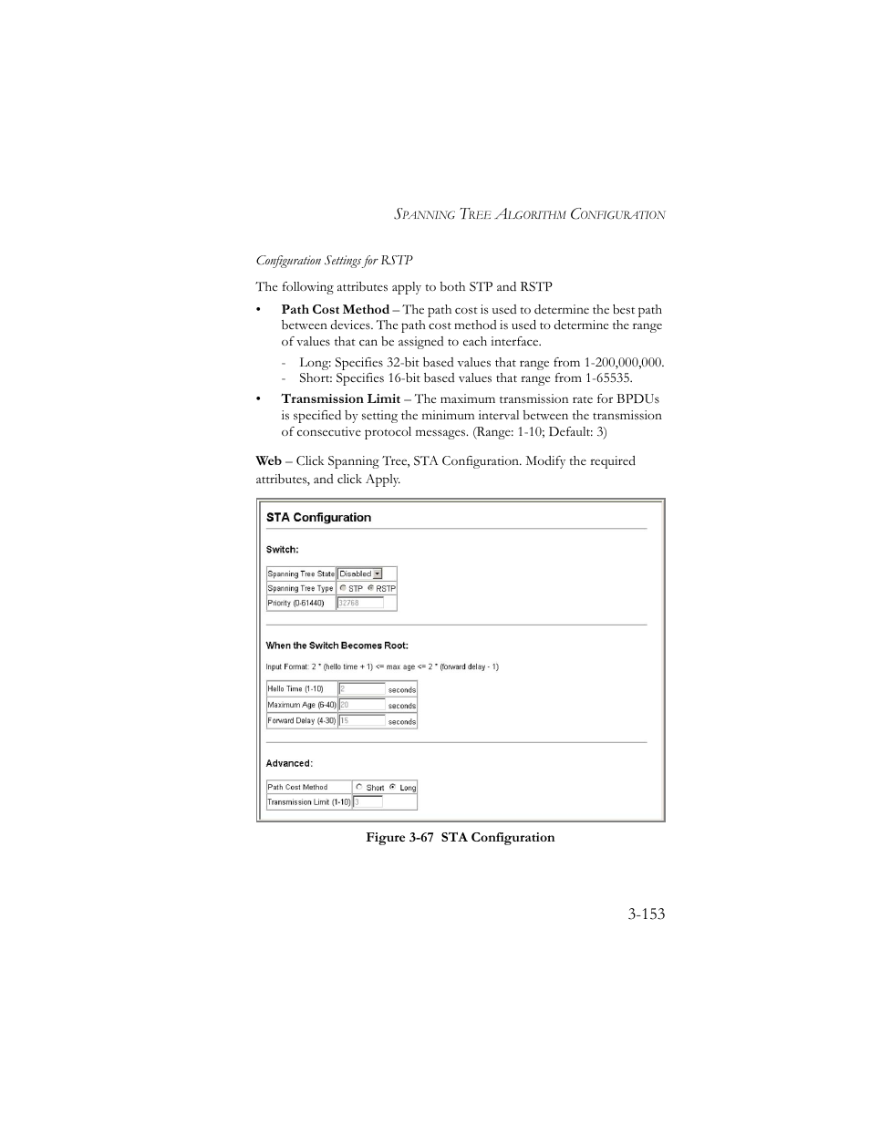 Figure 3-68 sta configuration -153 | SMC Networks SMC TigerStack III SMC6824MPE User Manual | Page 203 / 570